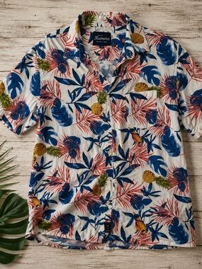 Rumors Tropical Hawaiian Shirt Large Unisex 100% Cotton Pineapple Parrot Print